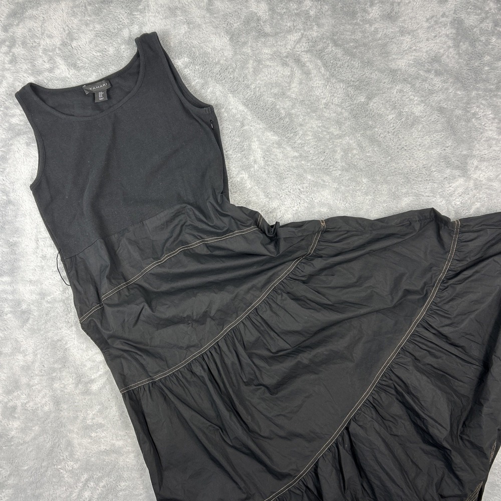 Tahari Dress Medium Ribbed Bodice Tiered Midi Black Witchy Goth Whimsigoth